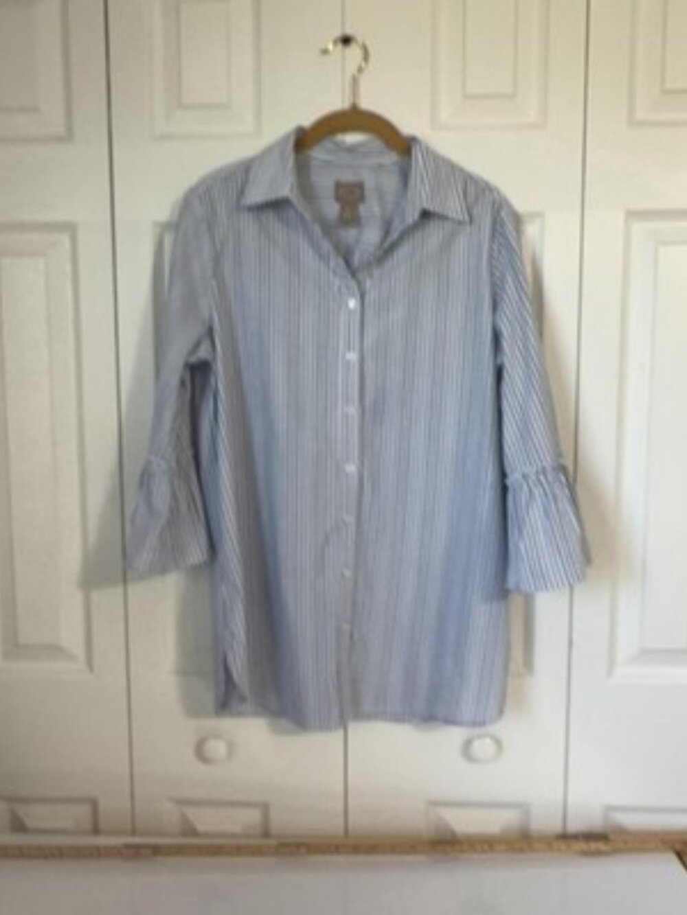 Chico's Women's Blue Stripe 3/4 Ruffle Bell Sleeve Tunic Shirt